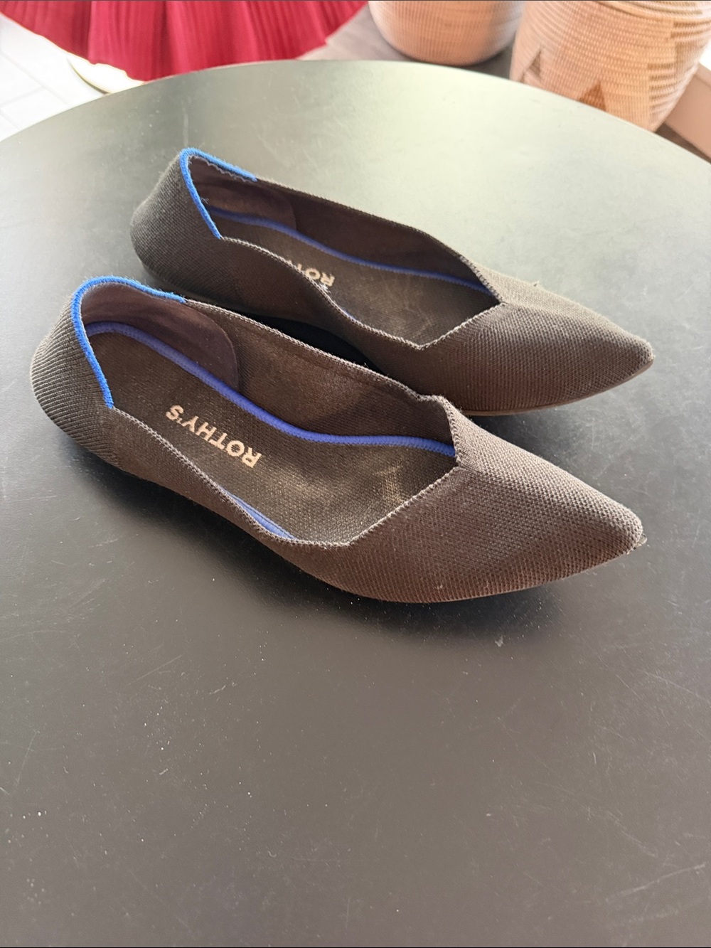 Rothy's Black Pointed Knit Flats with Blue Trim